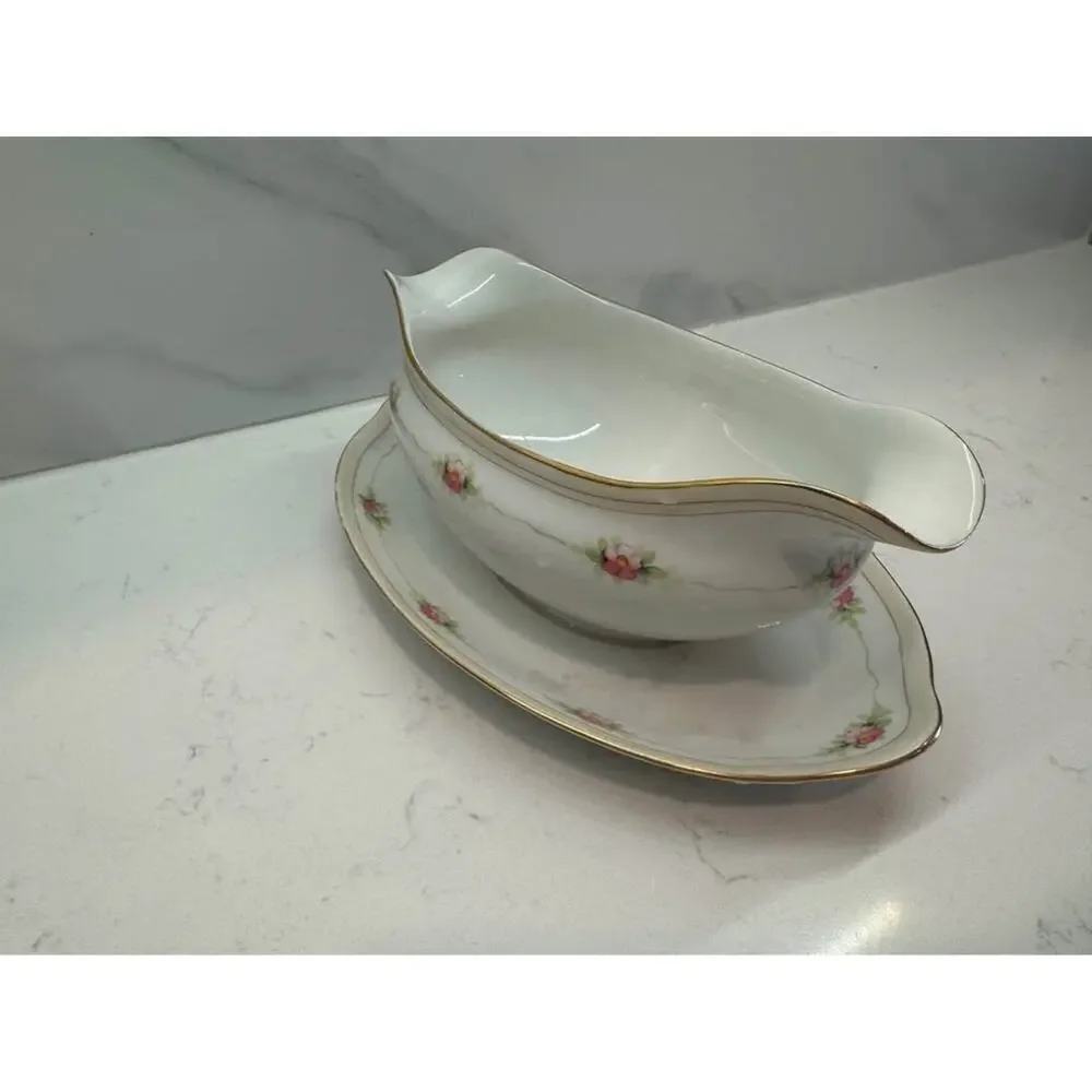Noritake Handpainted Nippon Pink Floral Gold Graby Boat Dish - Picture 3 of 5